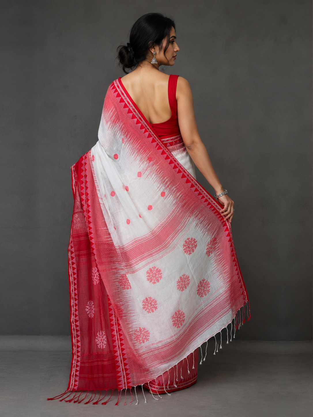 Off-white with Red Temple Border Soft Bengal Cotton Handloom