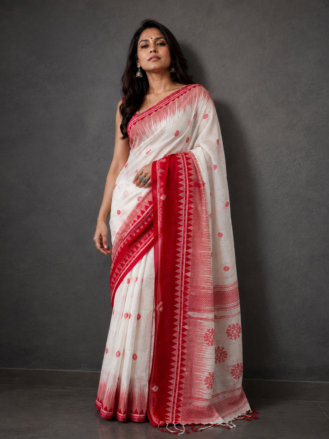 Off-white with Red Temple Border Soft Bengal Cotton Handloom