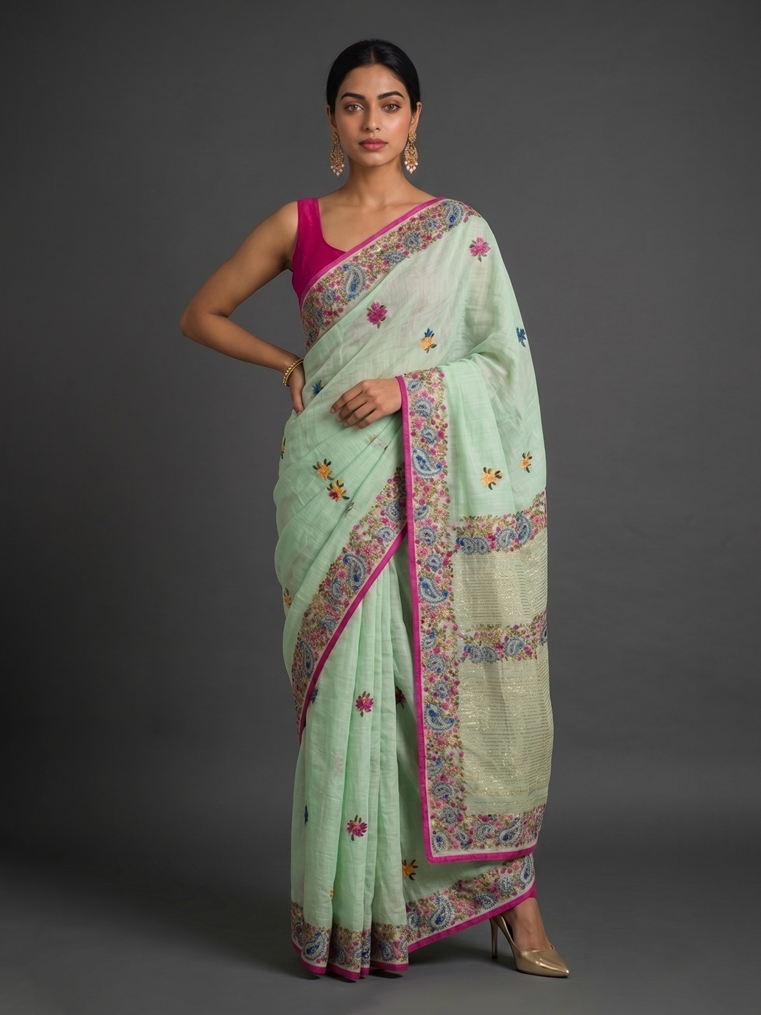 Green Punjab Cotton Phoolkari Embroidery