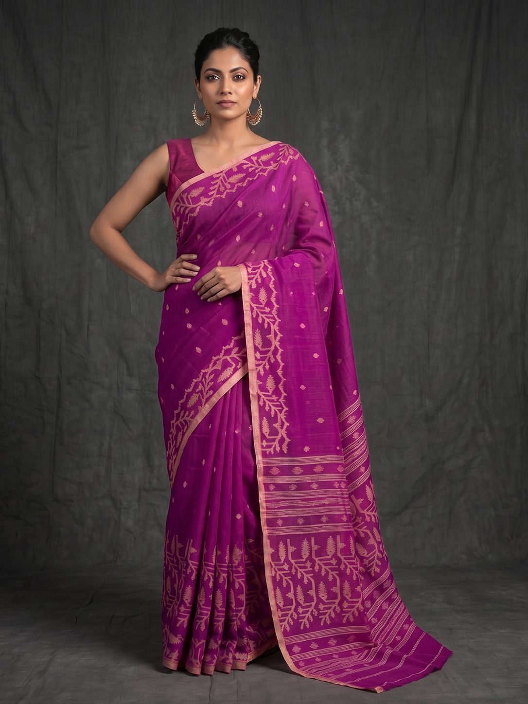 Magenta Bengal Cotton Jamdani