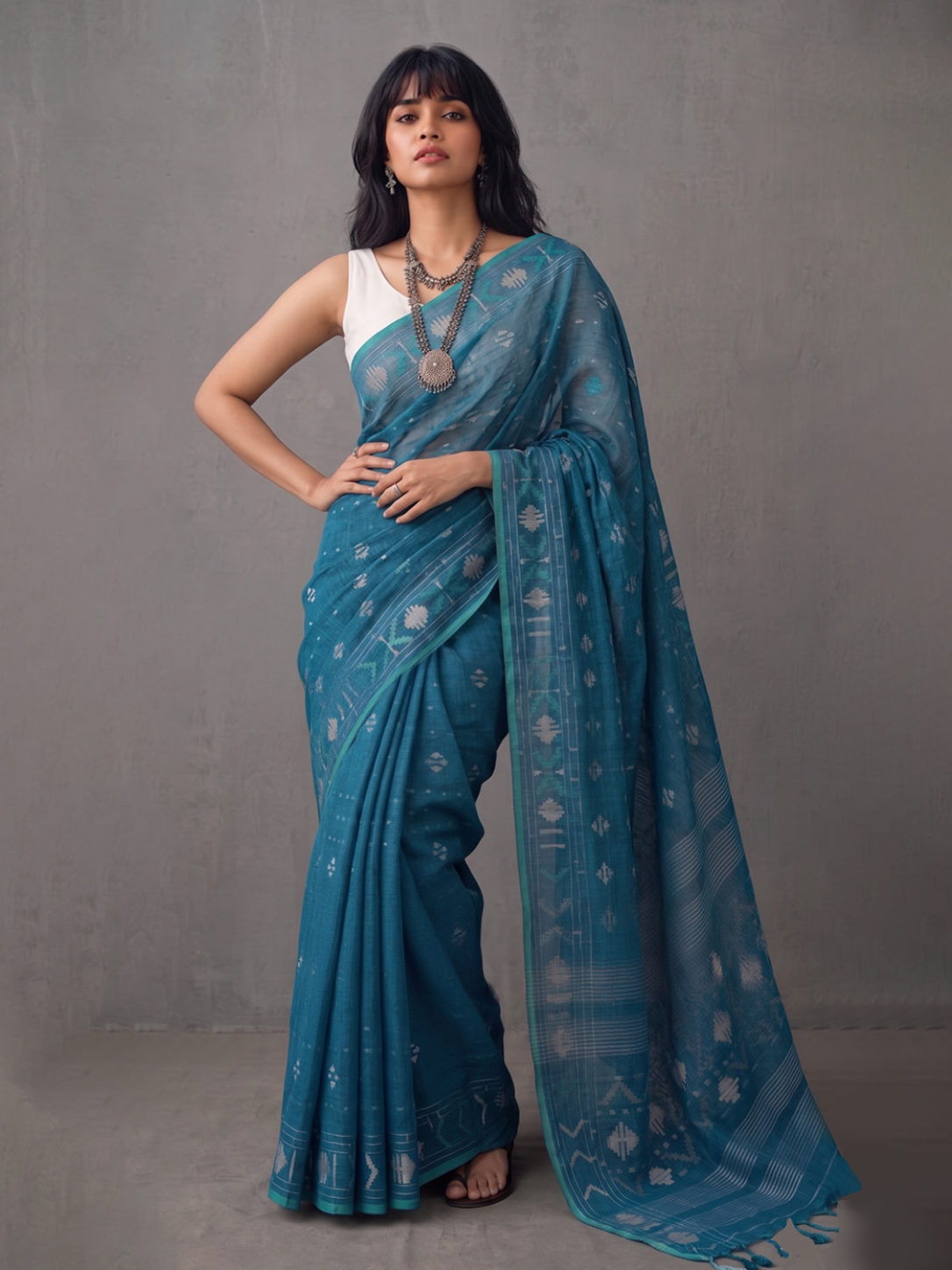 Teal Bengal Cotton Jamdani
