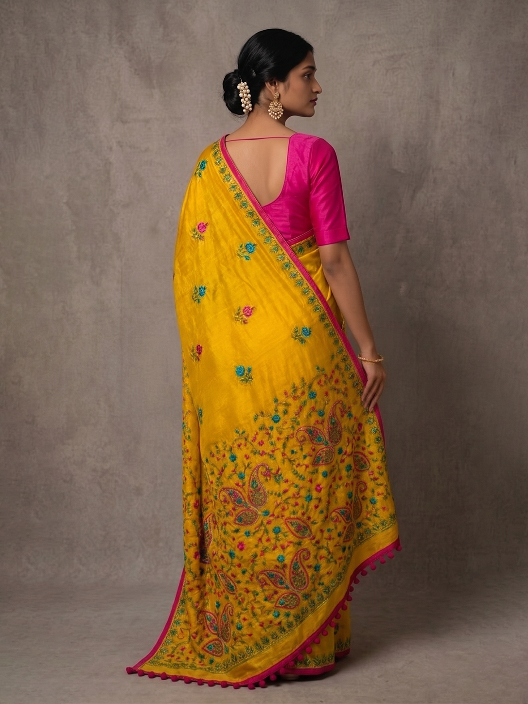 Yellow Punjab Cotton Phoolkari Embroidery