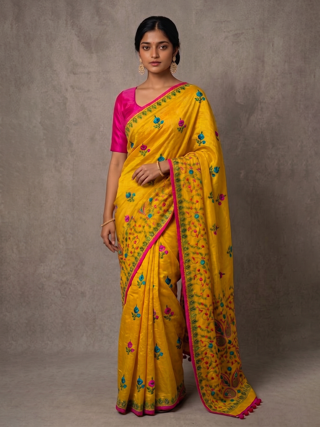 Yellow Punjab Cotton Phoolkari Embroidery
