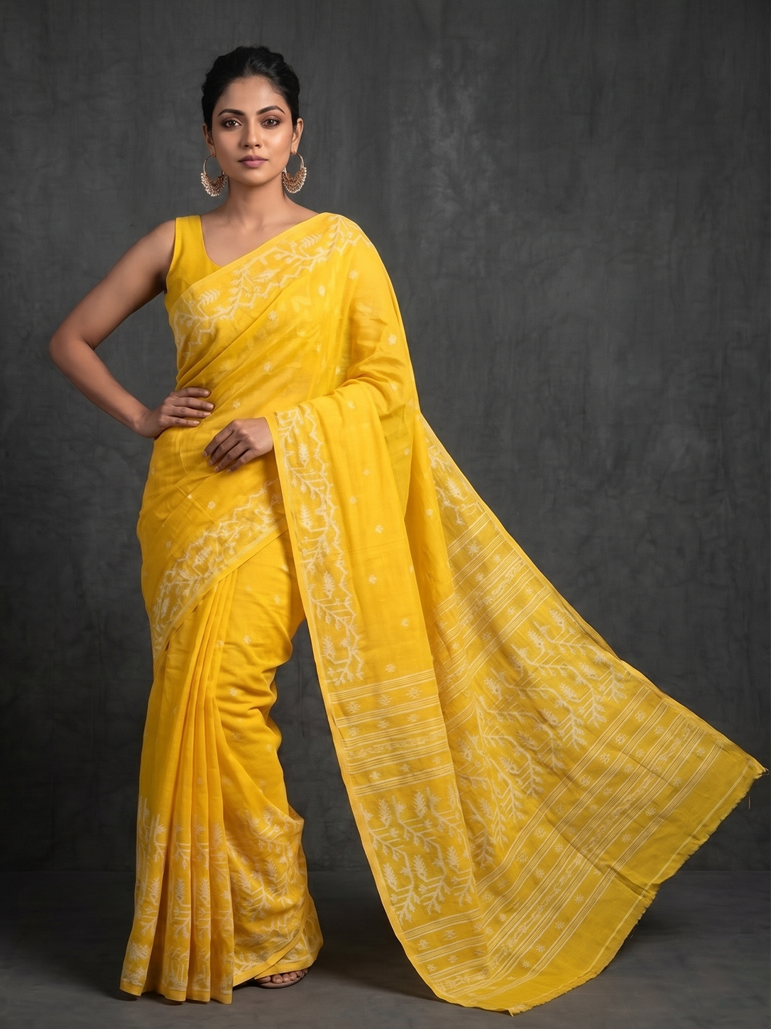 Yellow Bengal Soft Cotton Jamdani