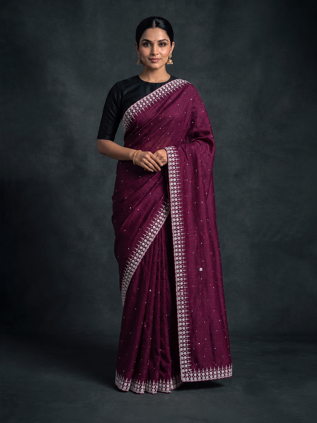Pearl Embroidery Wine Bengal Matka Silk
