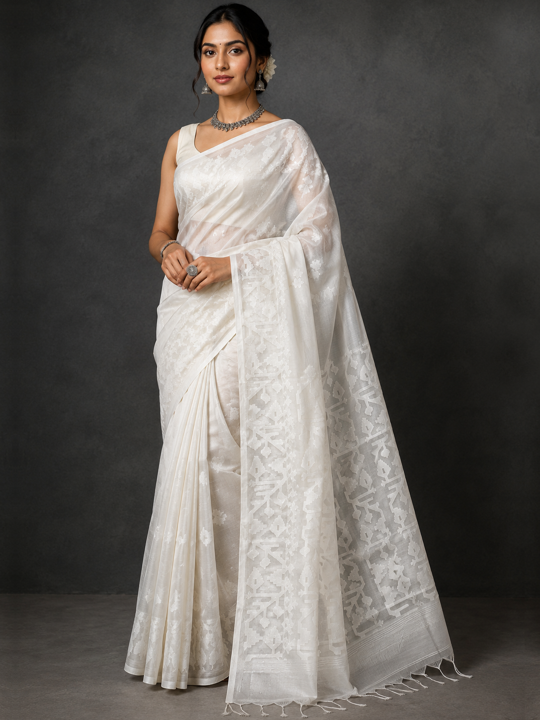 Off White Zari-woven Bengal-Muslin