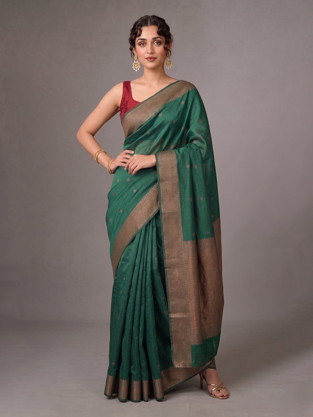 Bottle Green Zari-woven Raw Silk Benarasi