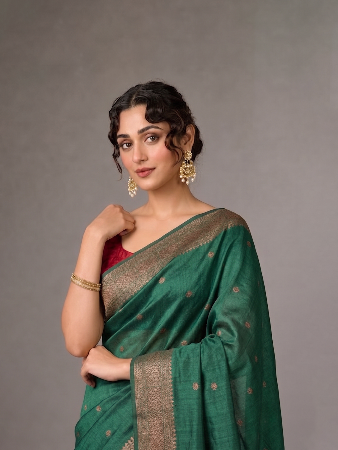 Bottle Green Zari-woven Raw Silk Benarasi