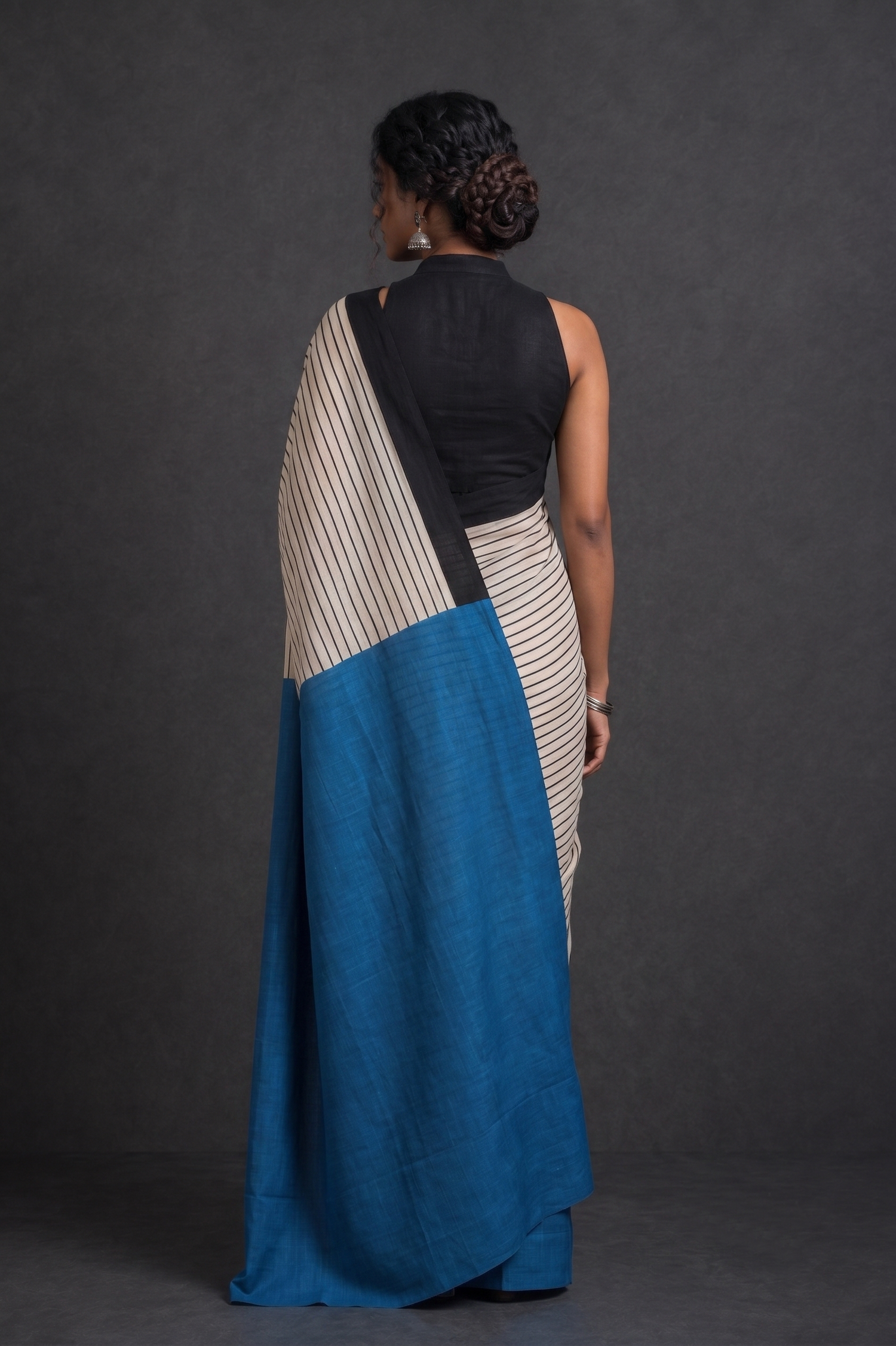 Bengal-Bishnupur Black with Blue Hand-Block Silk