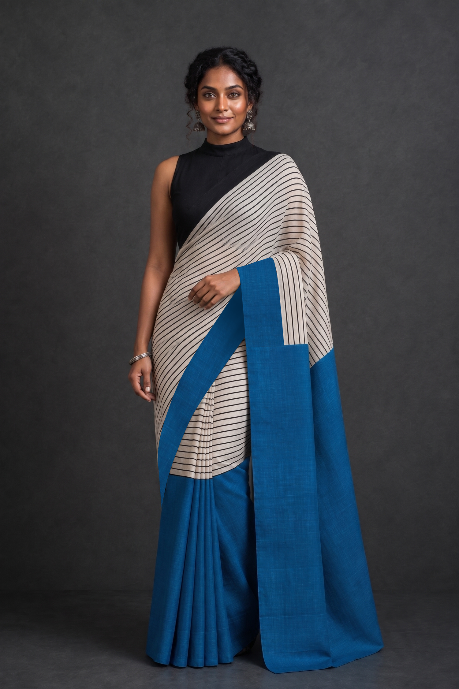 Bengal-Bishnupur Black with Blue Hand-Block Silk