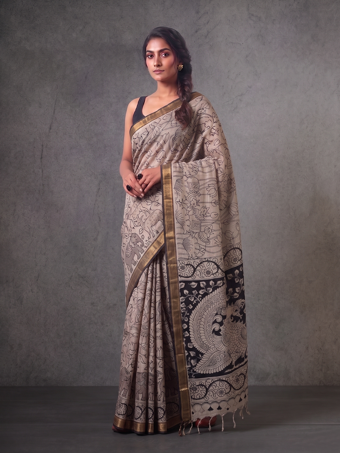 Black & White Bengal Silk Cotton Kalamkari