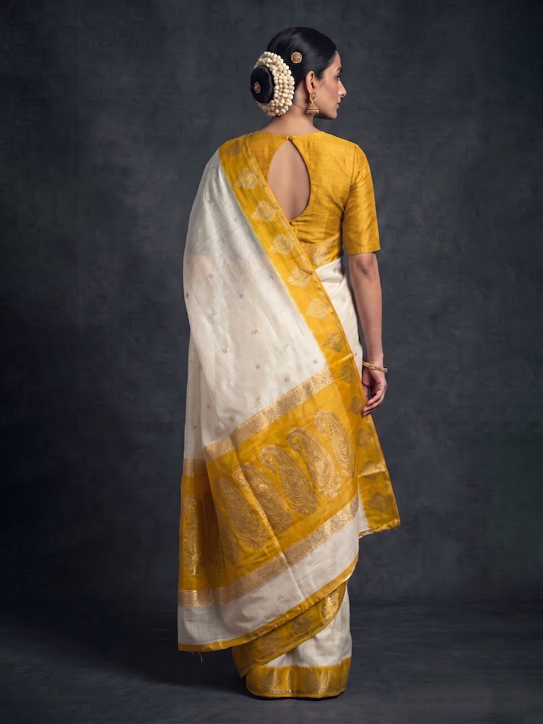 White with Yellow Zari-woven Mysore Silk
