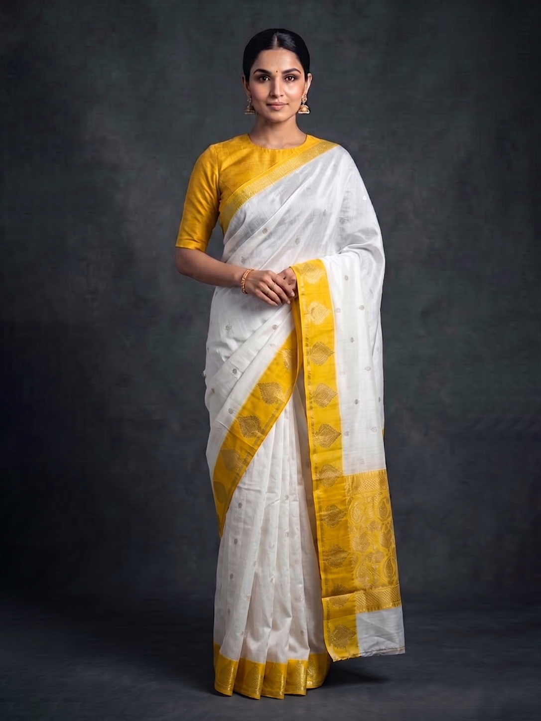 White with Yellow Zari-woven Mysore Silk