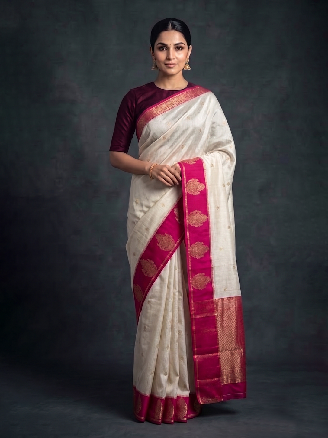 White with Pink Zari-woven Mysore Silk