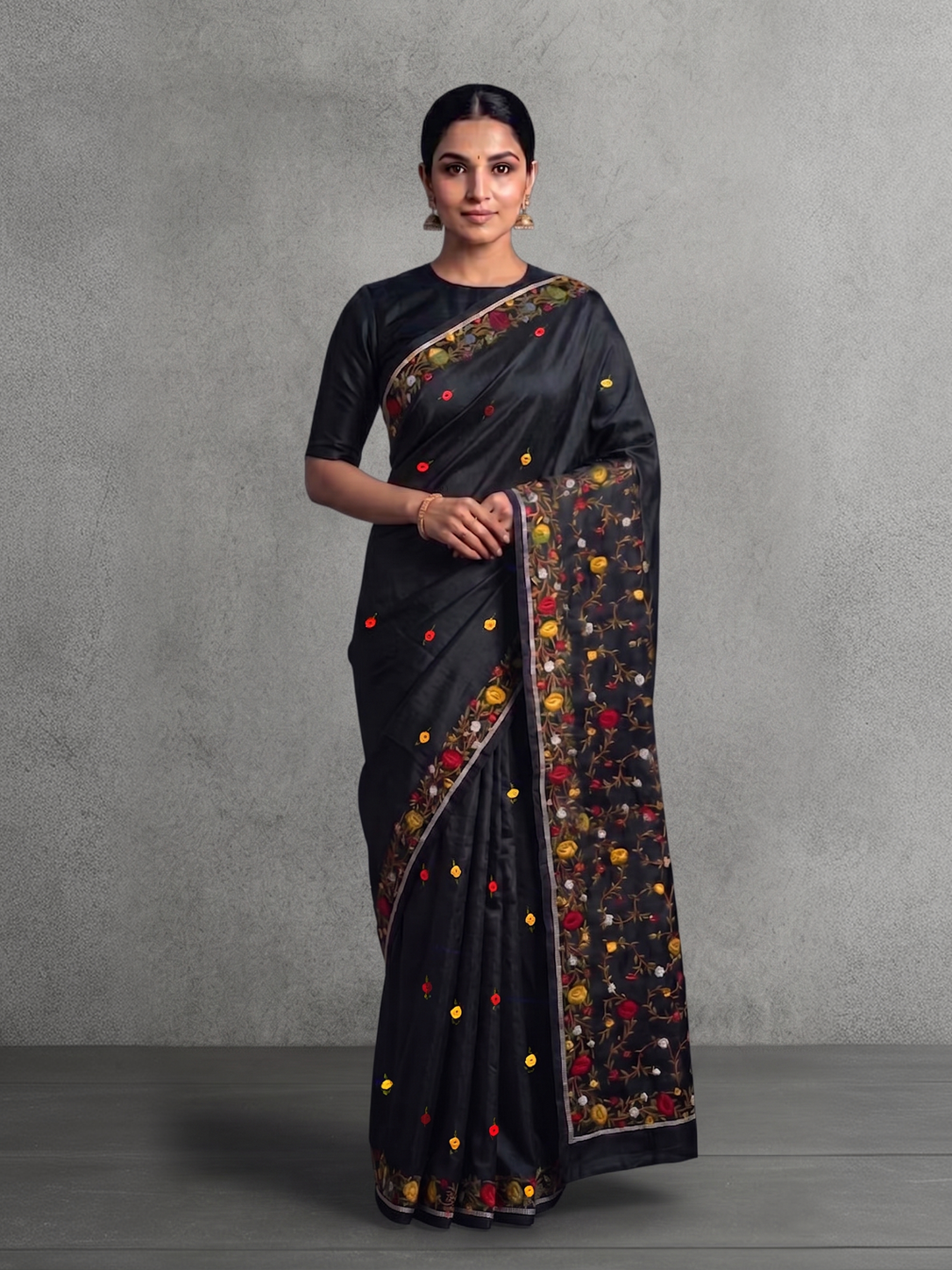 Black with Yellow Hand-woven Embroidery Bengal Tussar Parsi