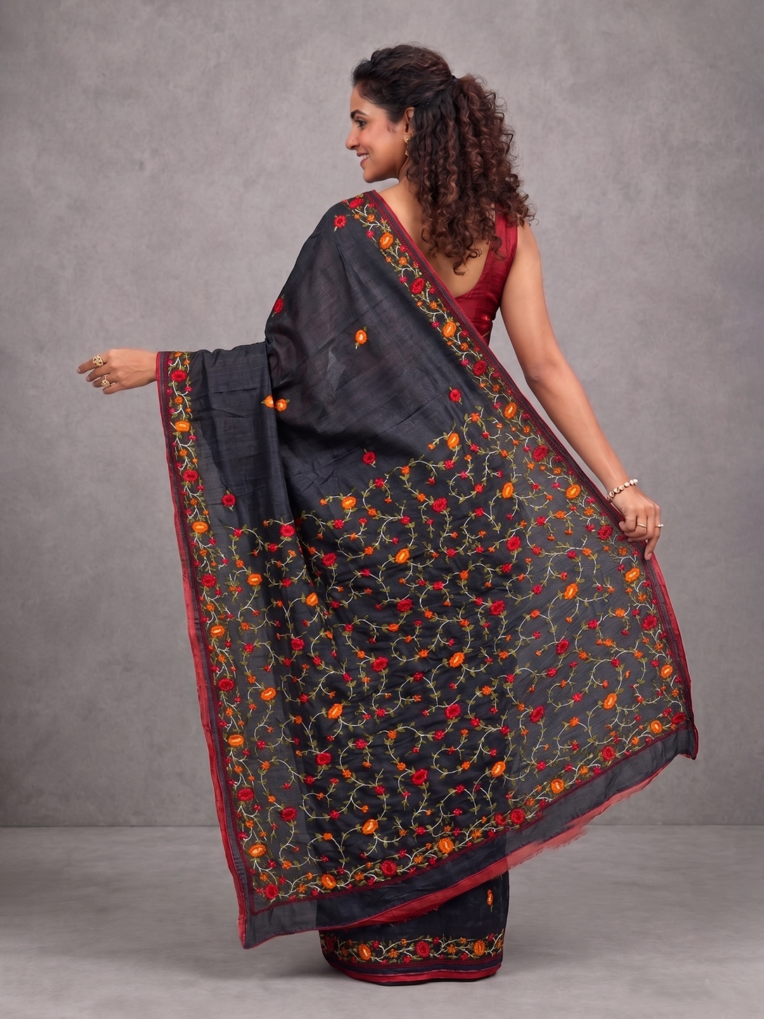 Black with Red Hand-woven Embroidery Bengal Tussar Parsi