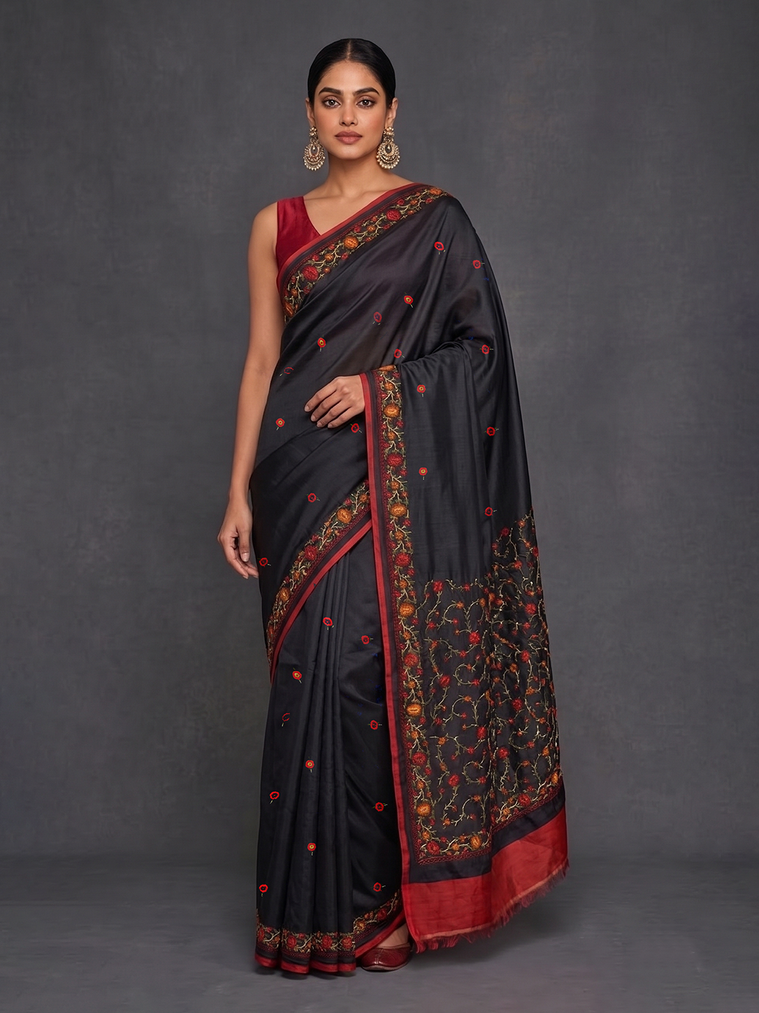 Black with Red Hand-woven Embroidery Bengal Tussar Parsi
