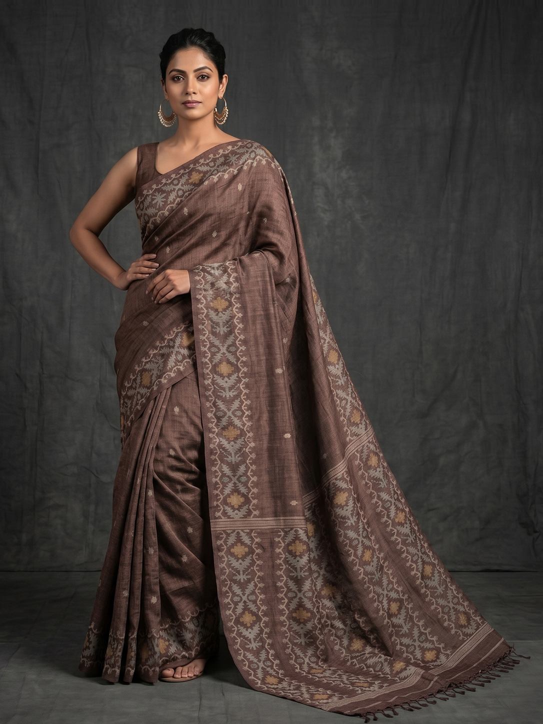 Brown Hand-woven Bengal Tussar Jamdani