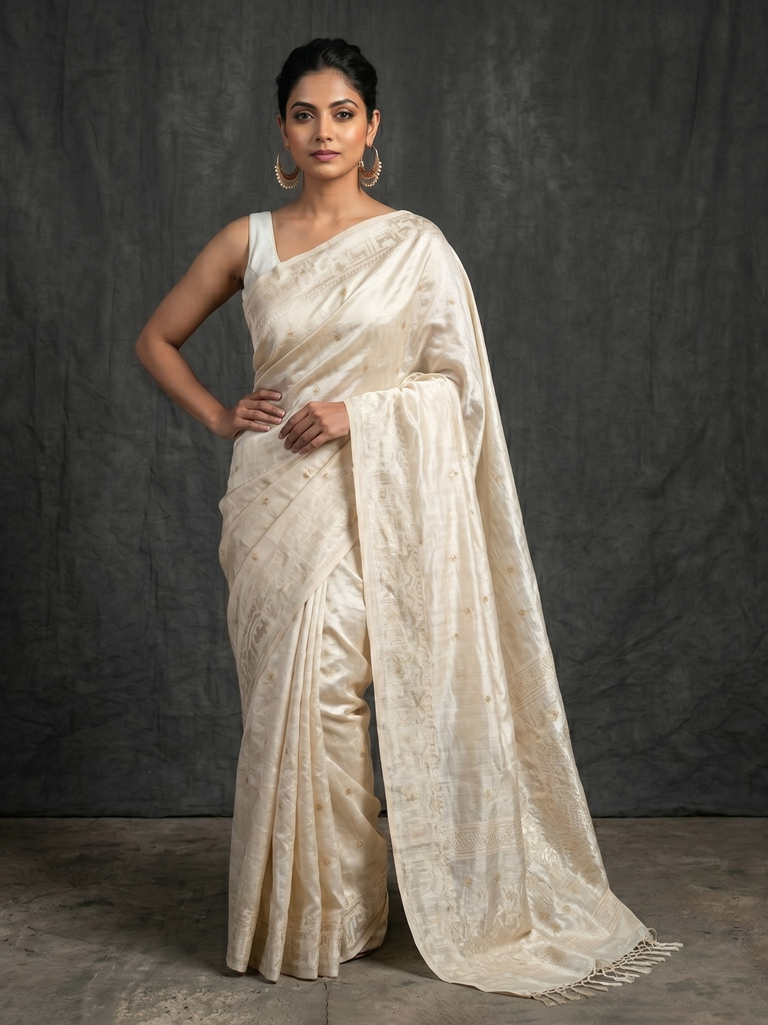 Ivory Hand-woven Bengal Tussar Jamdani