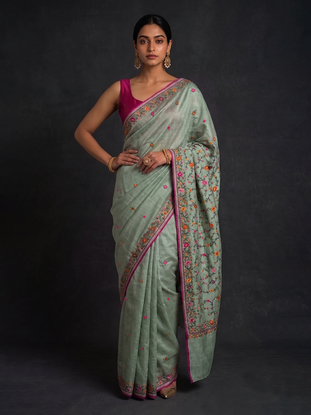 Mint Hand-woven Embroidery Tussar Parsi