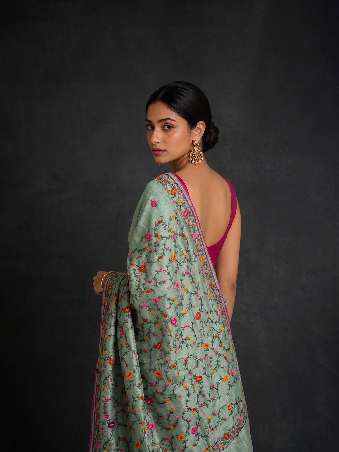 Mint Hand-woven Embroidery Tussar Parsi