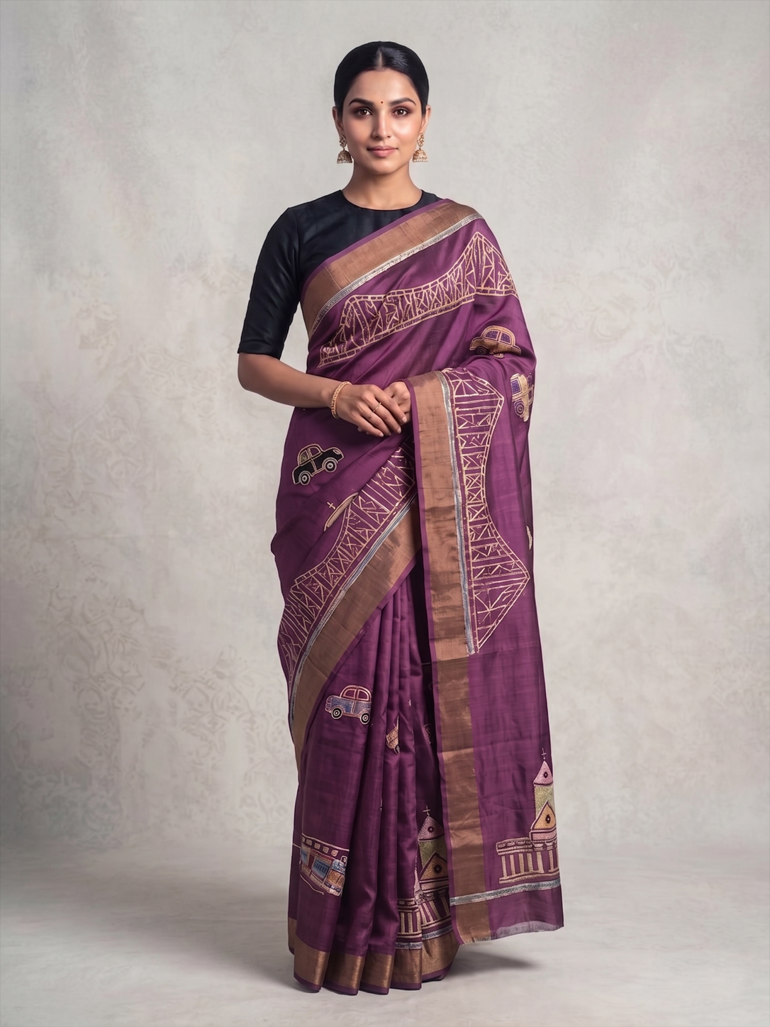 Purple Kantha Embroidery Tussar Silk