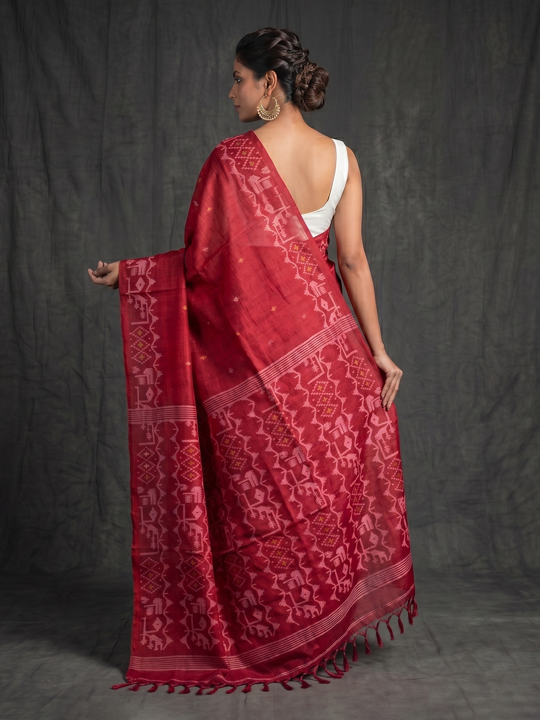 Red Hand-woven Bengal Tussar Jamdani
