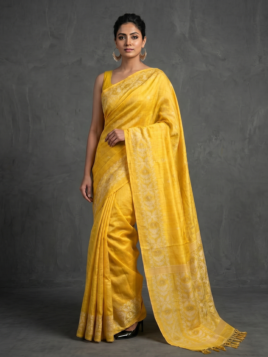 Yellow Hand-woven Bengal Tussar Jamdani