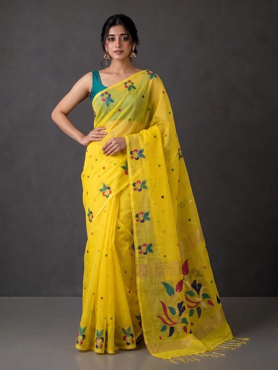 Yellow Bengal Muslin Jamdani Saree