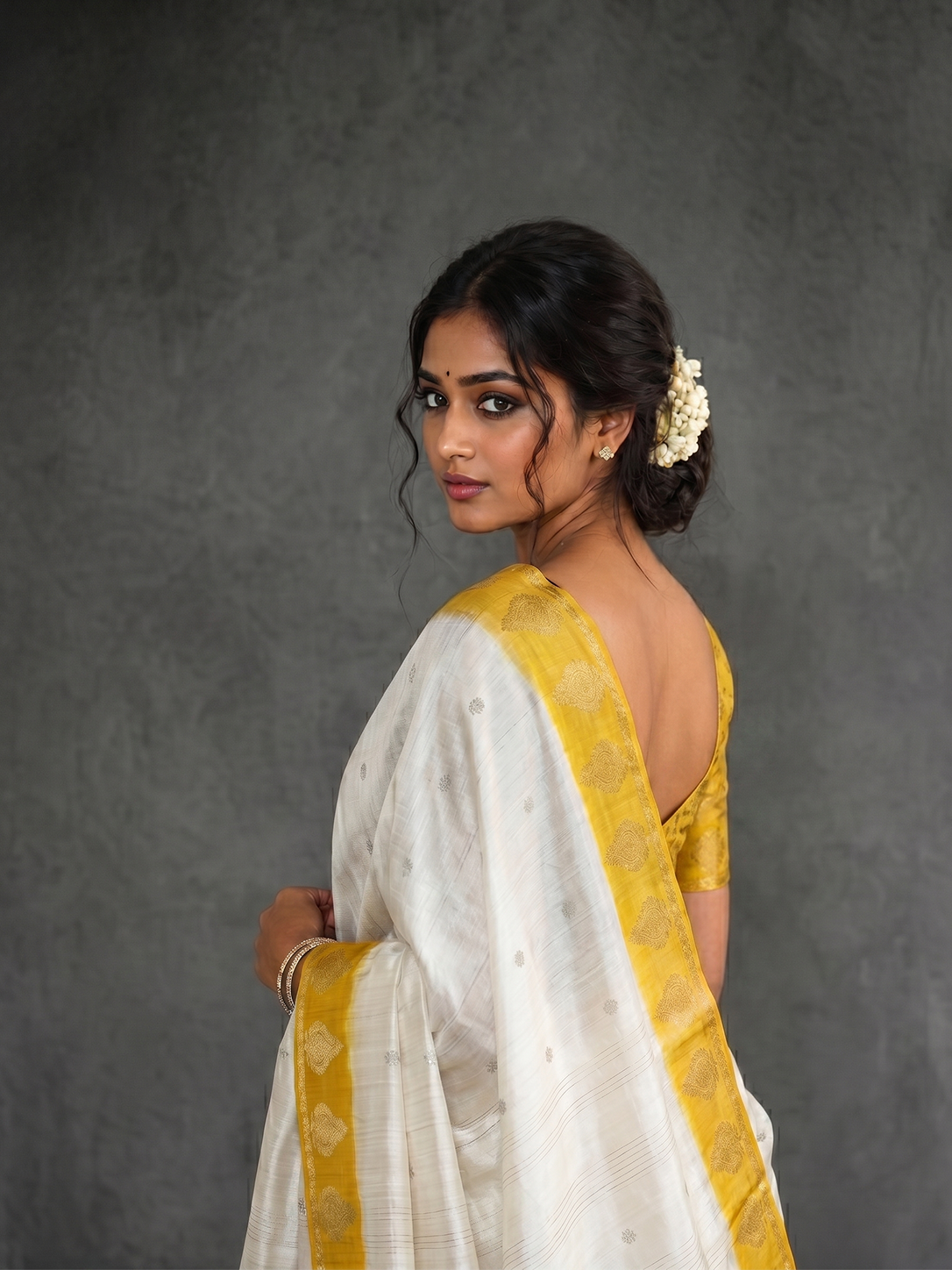 White with Yellow Zari-woven Mysore Silk