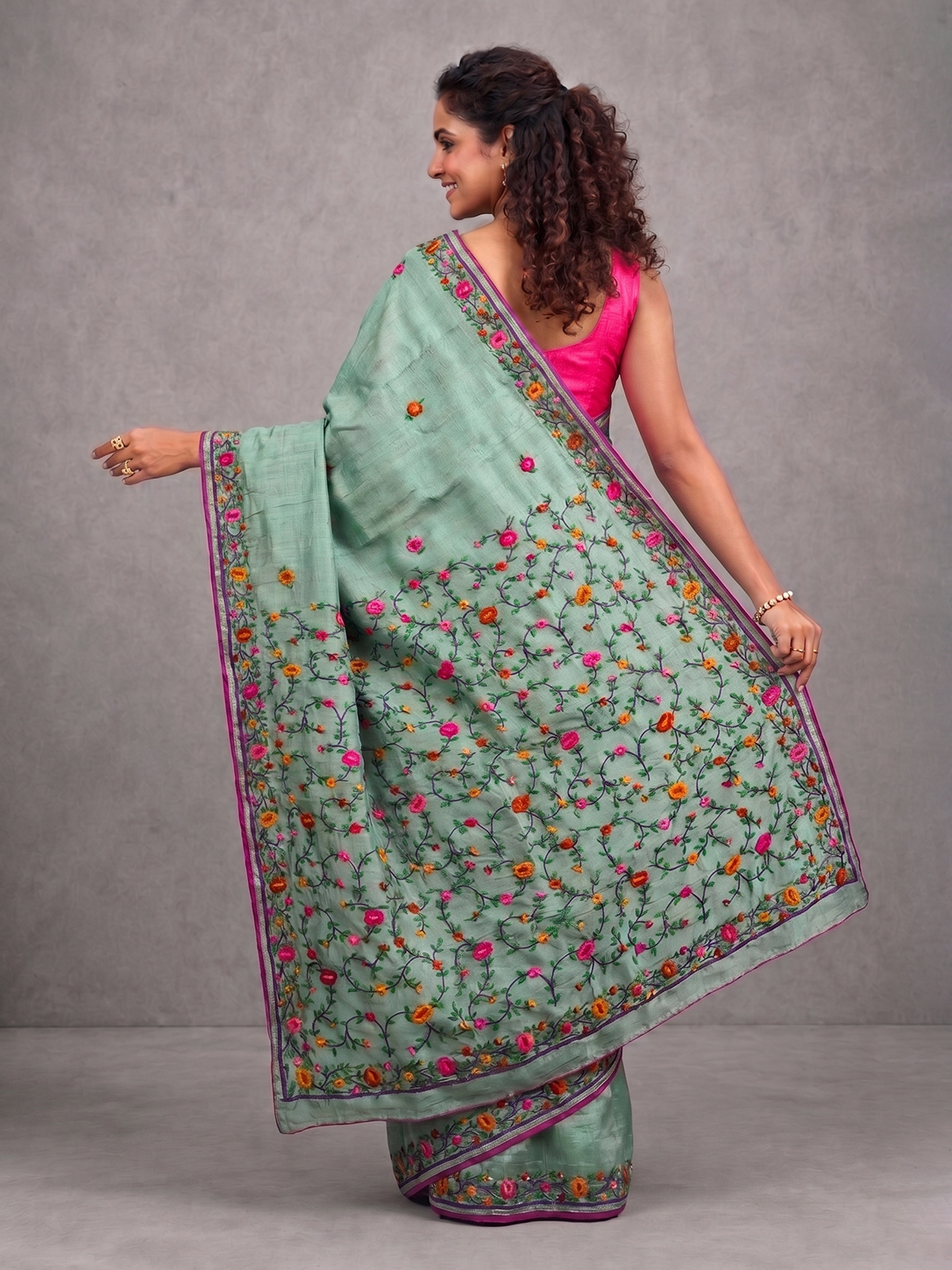 Mint Hand-woven Embroidery Tussar Parsi