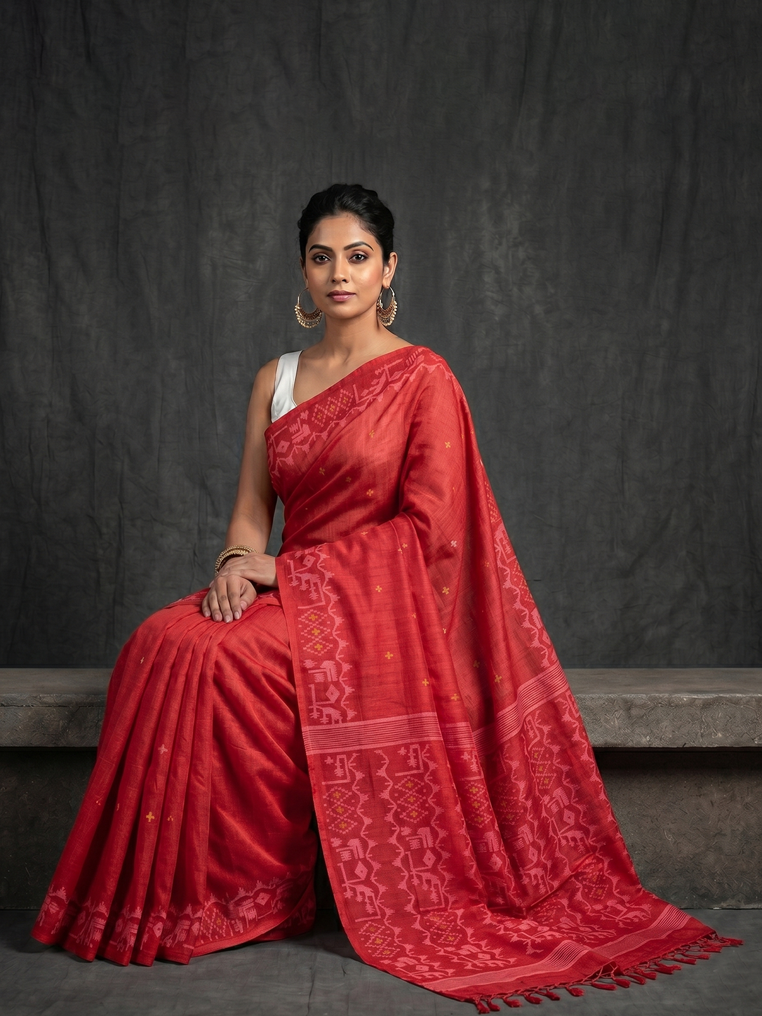 Red Hand-woven Bengal Tussar Jamdani