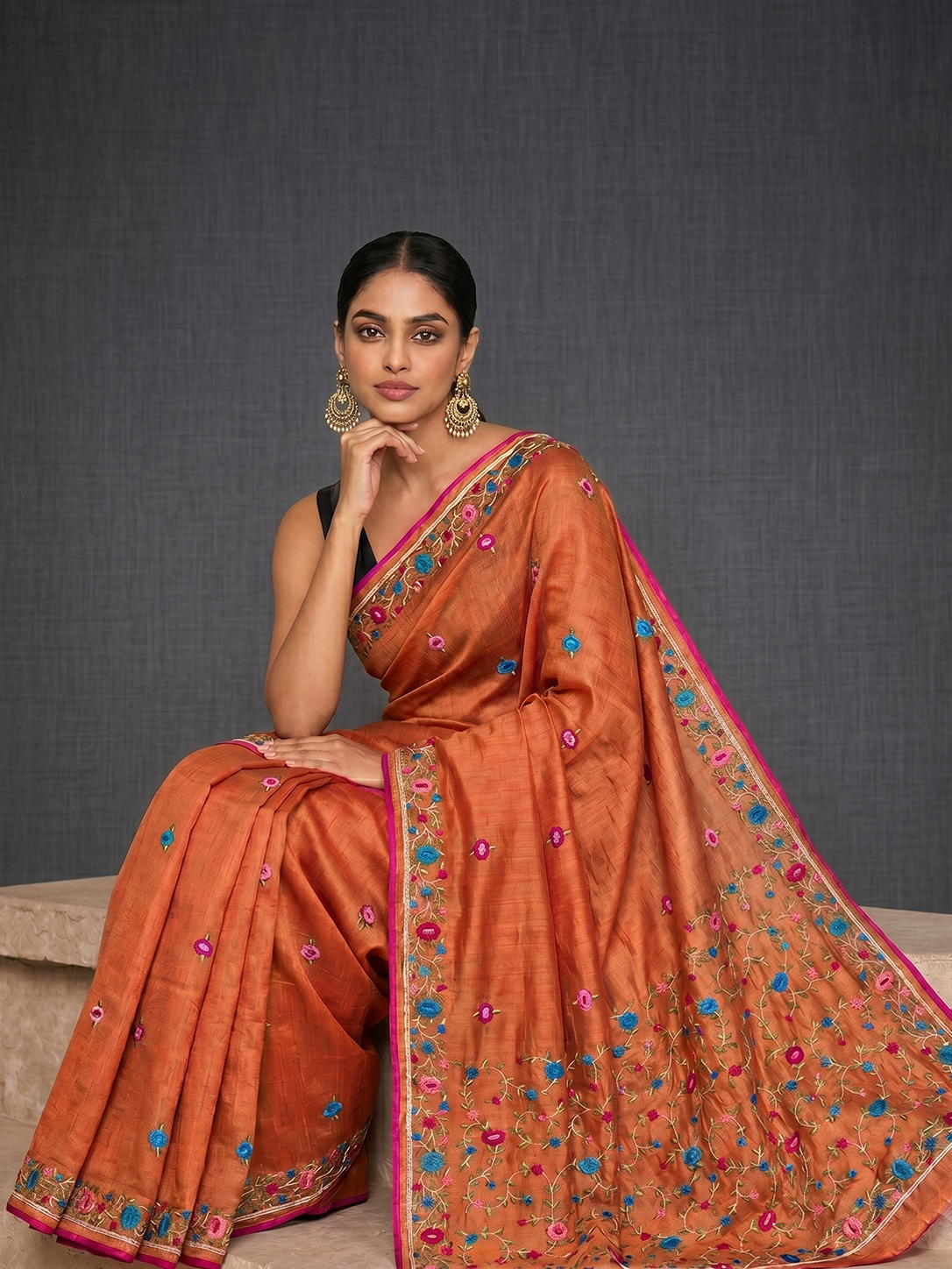 Rust Hand-woven Embroidery Tussar Parsi