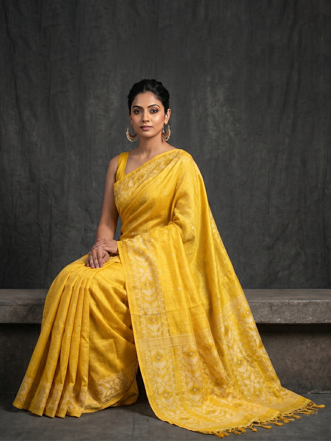 Yellow Hand-woven Bengal Tussar Jamdani