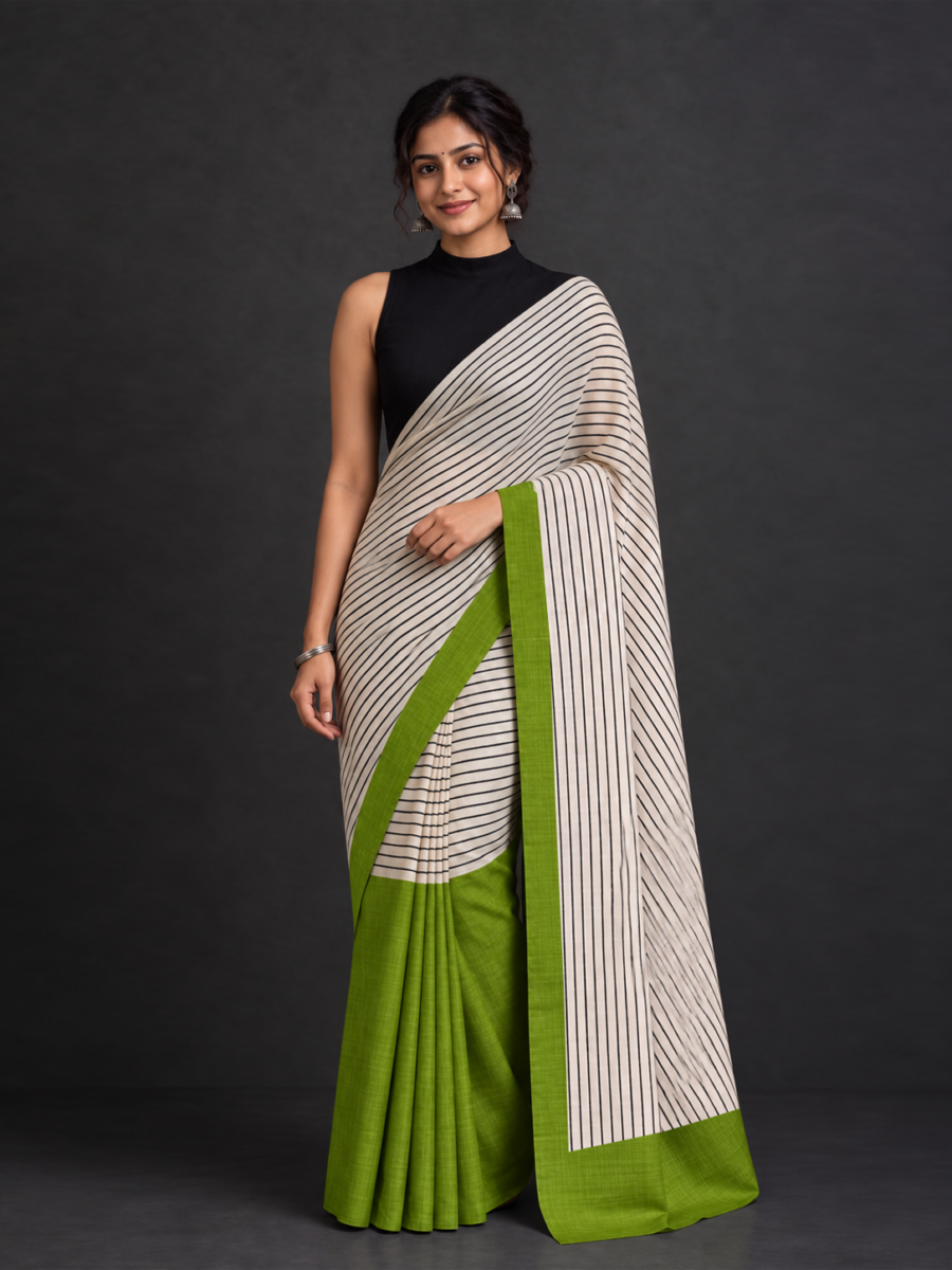 Bishnupur Black with Green Hand-Block Silk