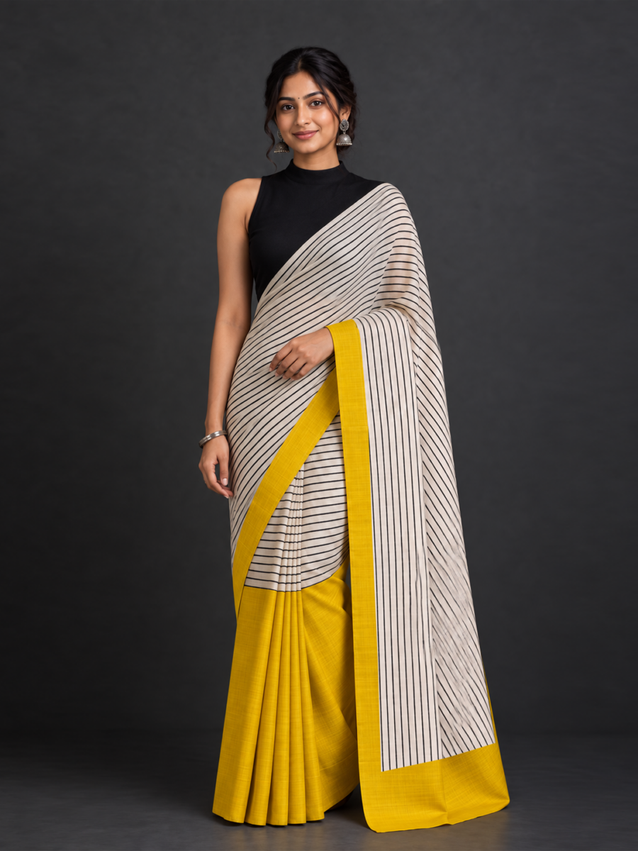 Bishnupur Black with Yellow Hand-Block Silk