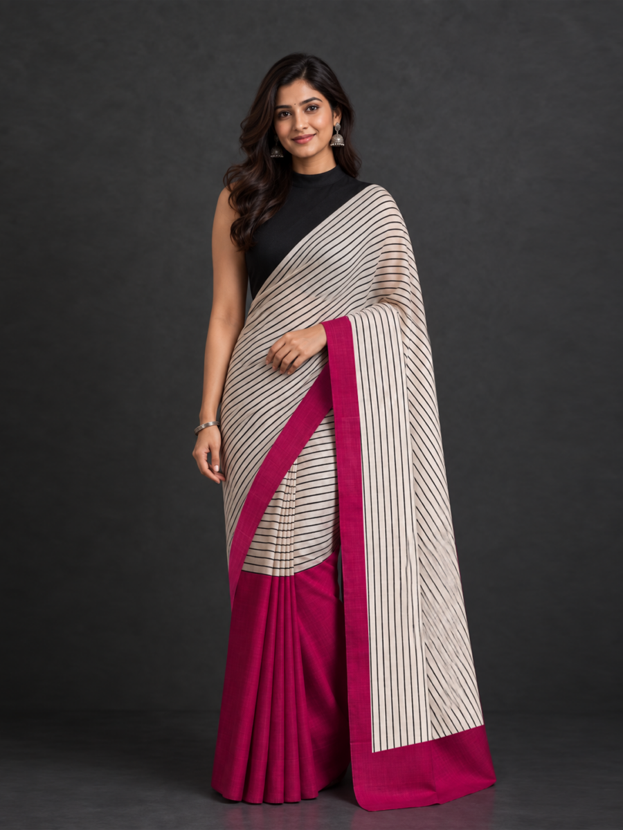 Bishnupur Black with Fuschia Hand-Block Silk
