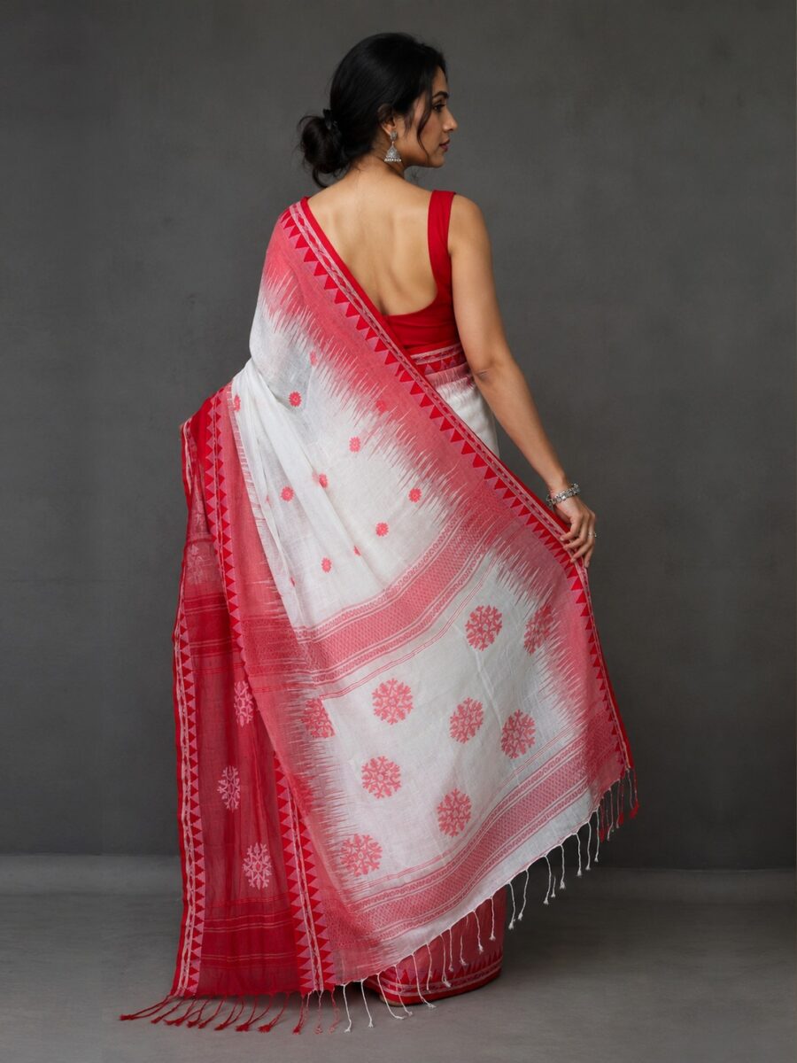 Off-white with Red Temple Border Soft Cotton Handloom