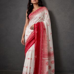 Off-white with Red Temple Border Soft Cotton Handloom
