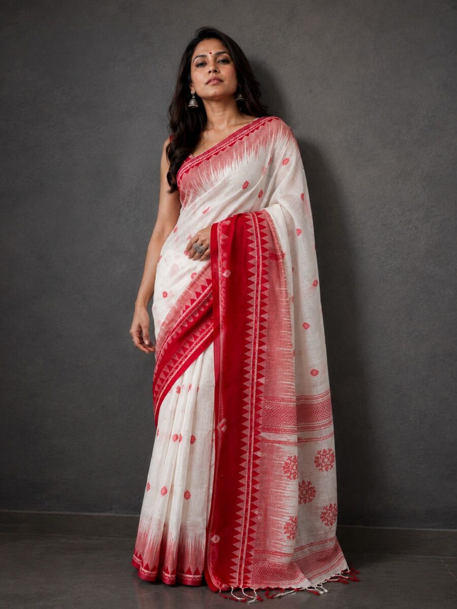 Off-white with Red Temple Border Soft Cotton Handloom