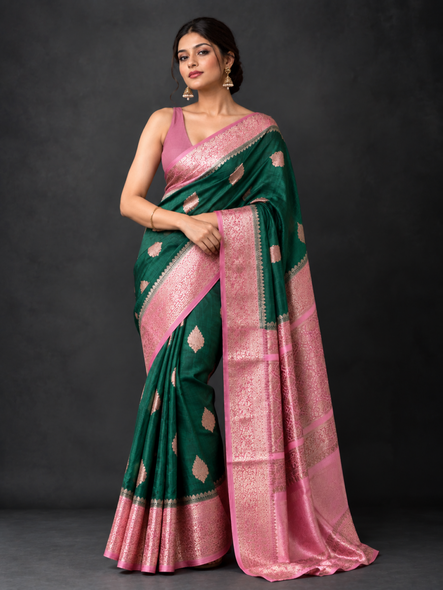 Kora Banarasi Saree in Emerald Green