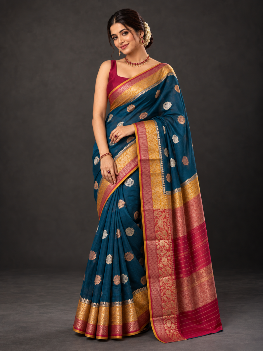 Kora Banarasi Saree in Prussian Blue