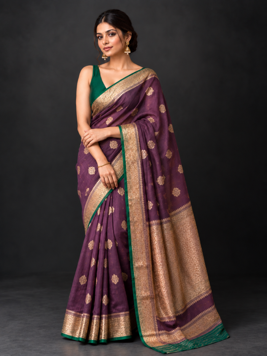 Kora Banarasi Saree in Deep Plum