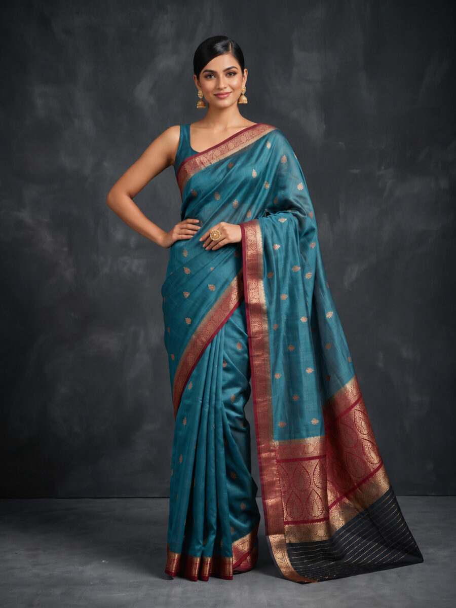 Kora Benarasi saree in Teal Blue
